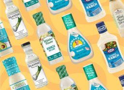 An array of bottled ranch dressings against a colorful background