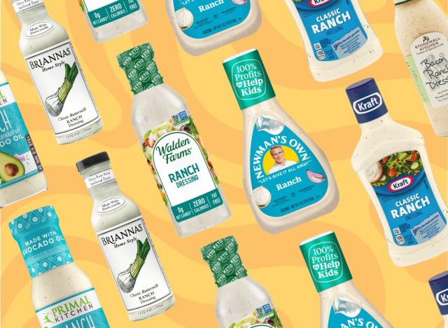 An array of bottled ranch dressings against a colorful background