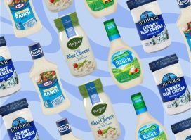 multiple bottles of salad dressing brands on a blue background