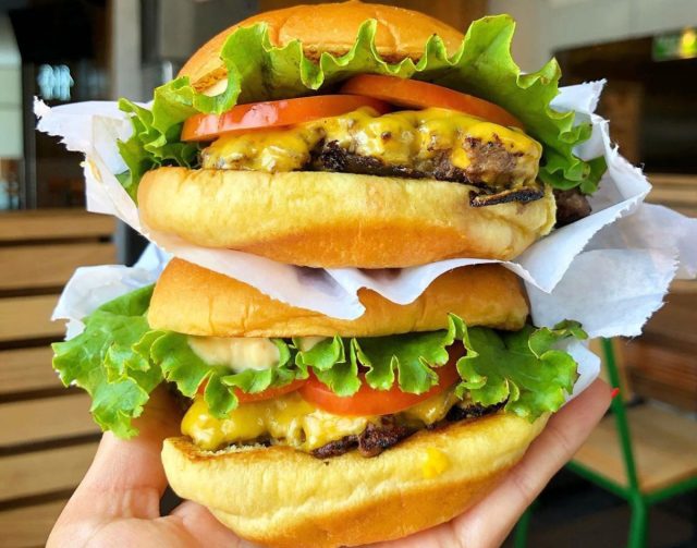 Two ShackBurgers from Shake Shack stacked atop each other