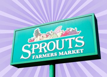Sprouts Farmers Market sign on purple striped background