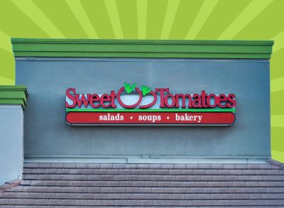 Sweet Tomatoes storefront on striped green background