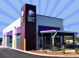 Taco Bell exterior on blue striped background