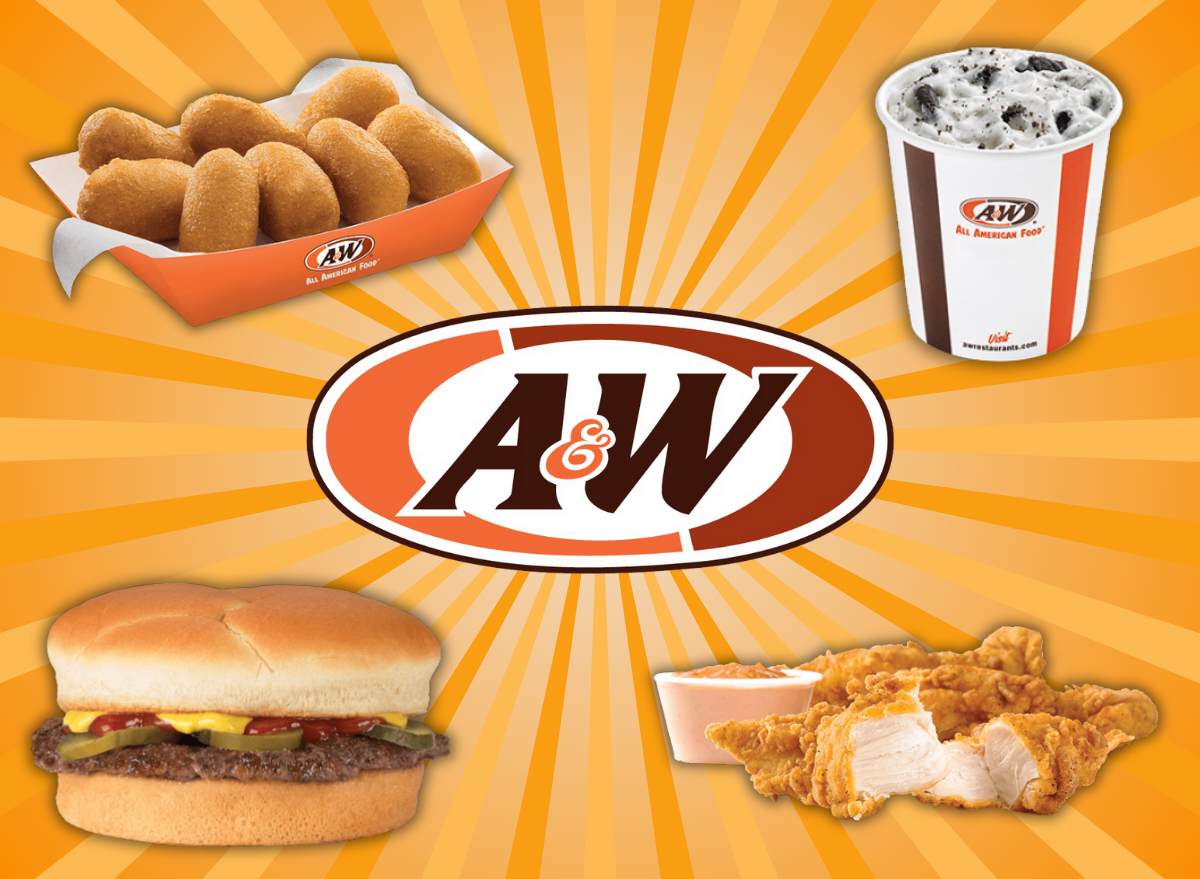 collage of a&w's healthy menu items around A&W logo on a designed orange background