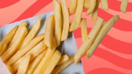 a photo of french fries on a swirled pink and red designed background