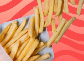 a photo of french fries on a swirled pink and red designed background