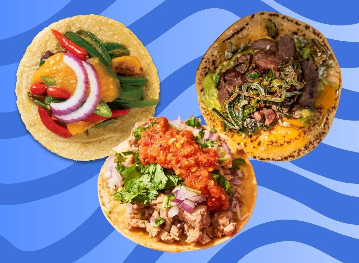 as assortment of tacos on a vibrant designed blue background