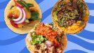 as assortment of tacos on a vibrant designed blue background