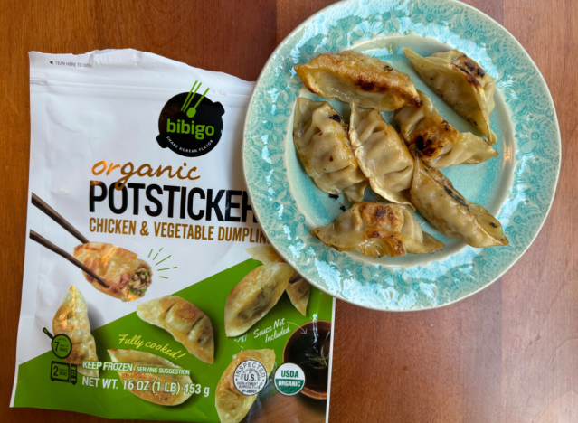 bibigo potstickers in bag and bowl.