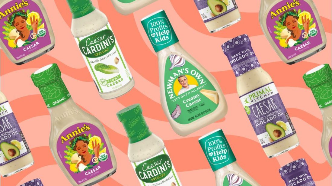 a collage featuring an assortment of bottled caesar salad dressings on a swirly pink background