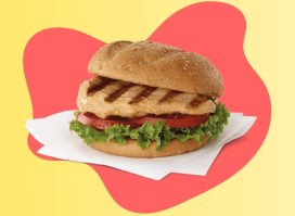chick-fil-a grilled chicken sandwich on a designed background
