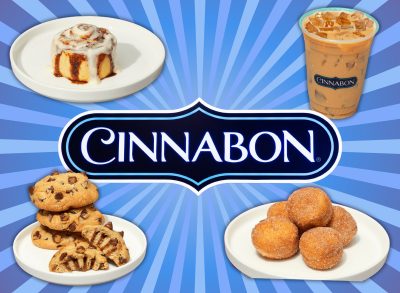 Cinnabon menu round-up with collage of menu items around a cinnabon sign