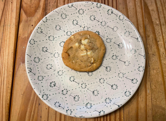 costco double nut cookie on a printed plate. 