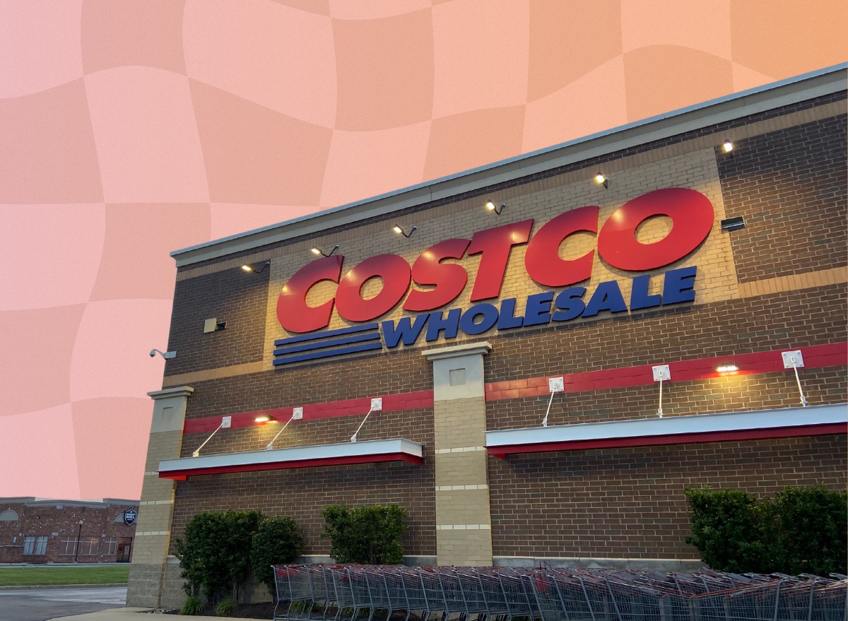 Costco exterior on pinkish orange backdrop design