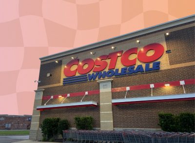 Costco exterior on pinkish orange backdrop design