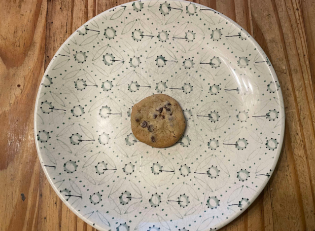 costco mini chocolate chip cookie on a printed plate.