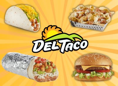 del taco menu collage on designed starburst yellow background