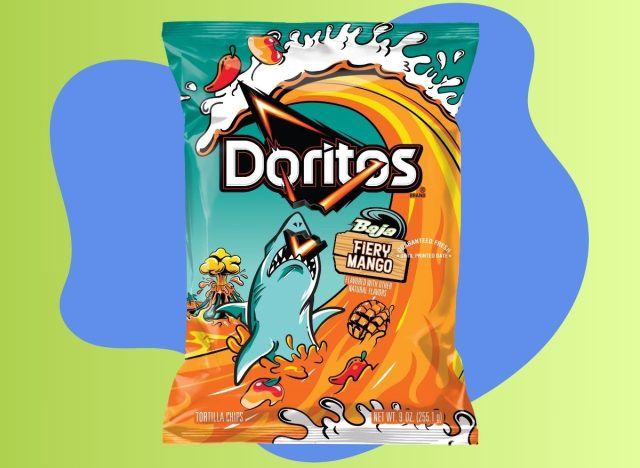doritos baja fiery mango chips on a blue and green designed background