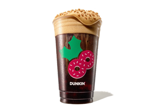 dunkin cookie butter cold foam cold brew on white background.
