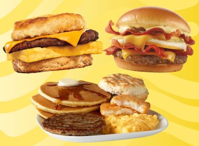 fast-food breakfast items on a yellow background