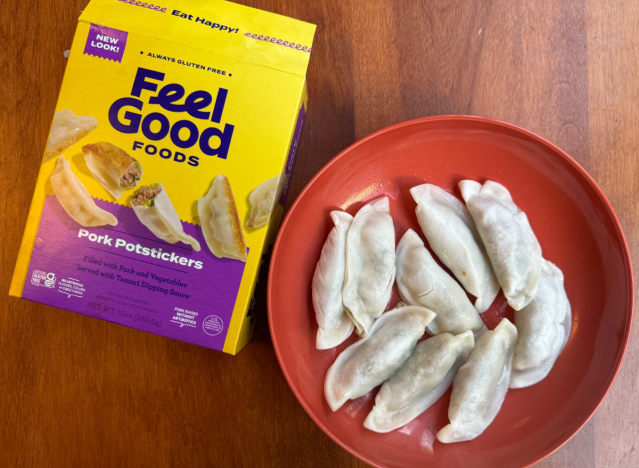 feel good foods potstickers in box and bowl.