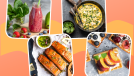 five-day reset foods like a berry smoothie, grilled salmon, peach waffles, and omelet design on orange and red backdrop