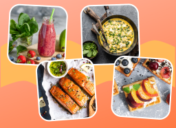 five-day reset foods like a berry smoothie, grilled salmon, peach waffles, and omelet design on orange and red backdrop