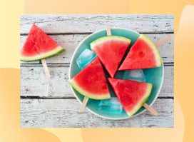 watermelon slices on picnic table and blue plate