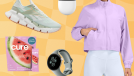 gifts for runners concept design, complete with a Reebok running sneaker, earbuds, the Google Pixel 2 watch, and a runner's zip-up