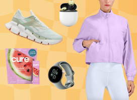 gifts for runners concept design, complete with a Reebok running sneaker, earbuds, the Google Pixel 2 watch, and a runner's zip-up