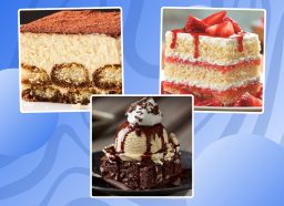 collage of healthy restaurant desserts on designed background