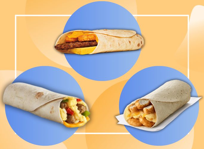 healthiest fast food breakfast burritos on designed background