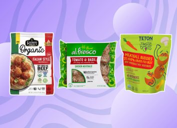 healthiest frozen meatballs collage of three products on designed background