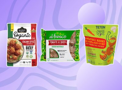 healthiest frozen meatballs collage of three products on designed background