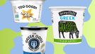 a collage of three popular greek yogurts on a colorful blue and green designed background