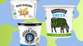 a collage of three popular greek yogurts on a colorful blue and green designed background