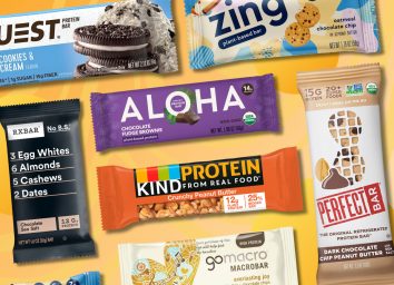 healthiest low sugar protein bars collage on designed yellow background