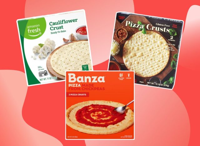three boxes of frozen pizza crusts on a red background