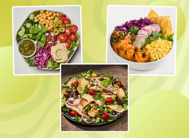 collage of healthy salad chain orders on a designed background