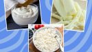 three photos of dairy products on a blue background