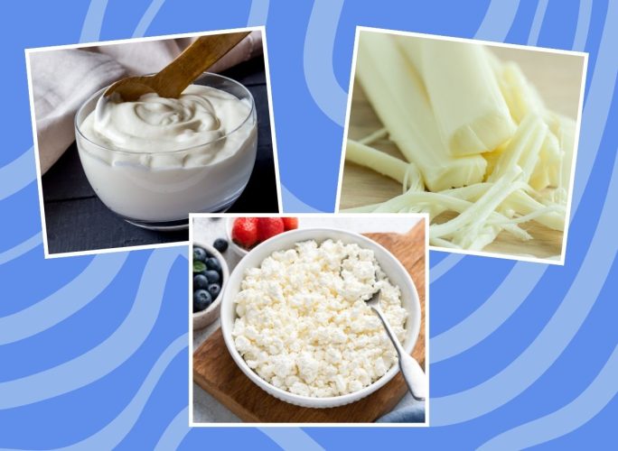 three photos of dairy products on a blue background