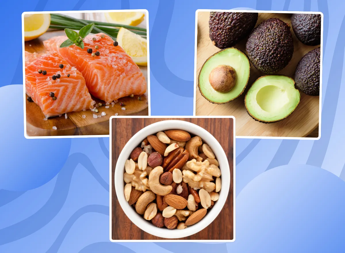 a collage of healthy fat foods including avocado, nuts, and salmon on a designed blue background