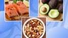 a collage of healthy fat foods including avocado, nuts, and salmon on a designed blue background