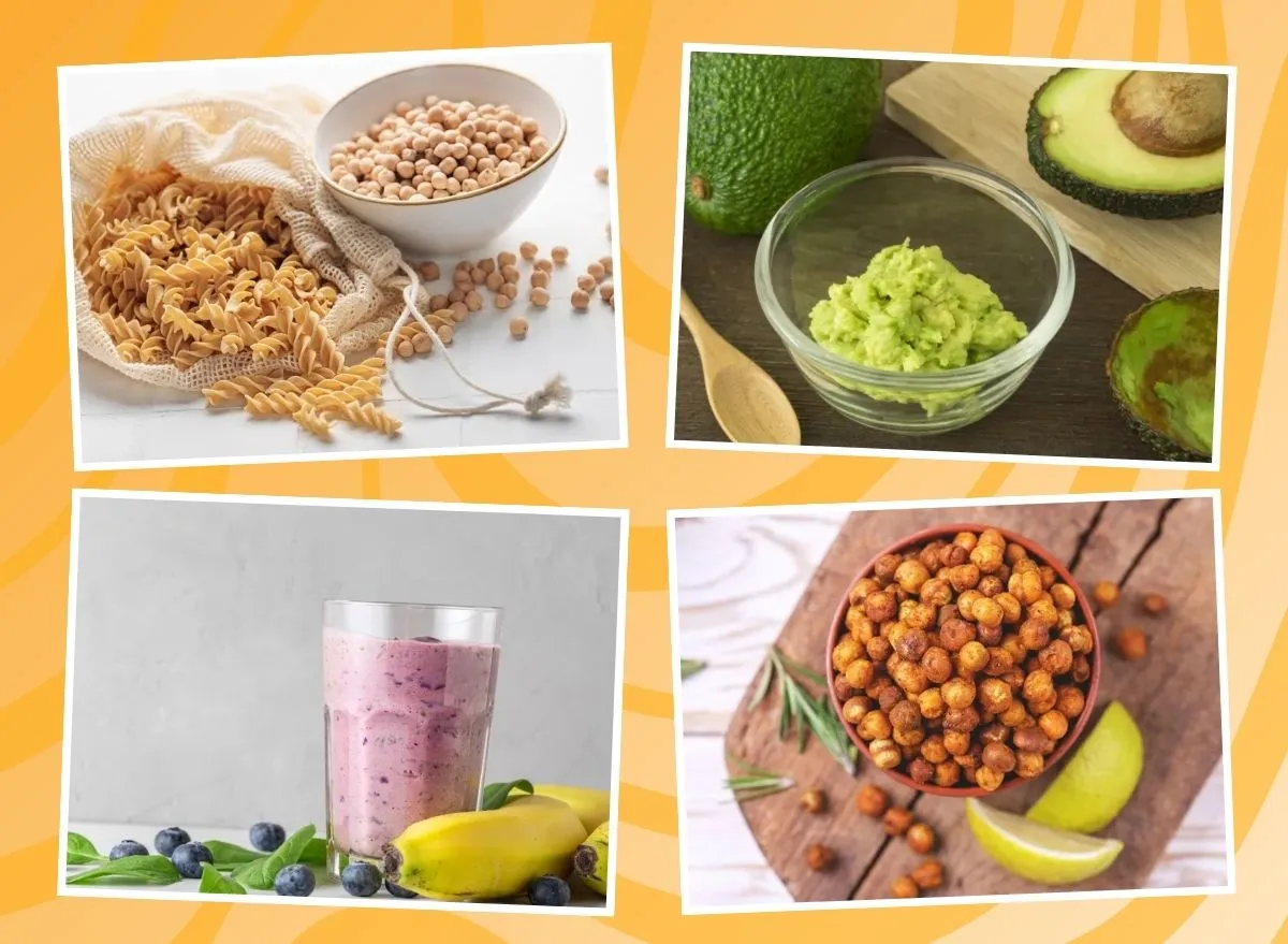 four photos of high-fiber foods on a yellow background