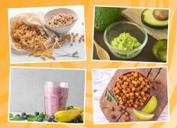four photos of high-fiber foods on a yellow background