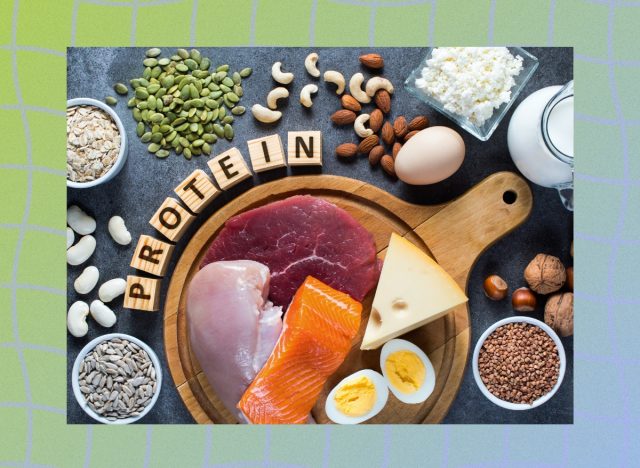 high-protein diet foods like eggs, cheese, and beans on black countertop