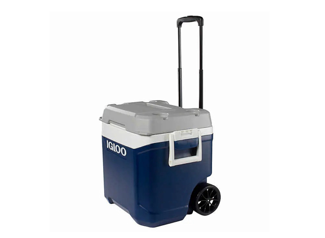 a blue igloo cooler on wheels.
