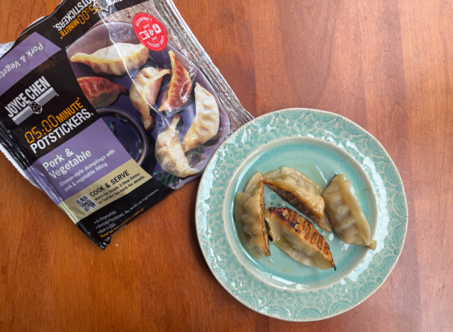 joyce chen potstickers in bag and on a plate.