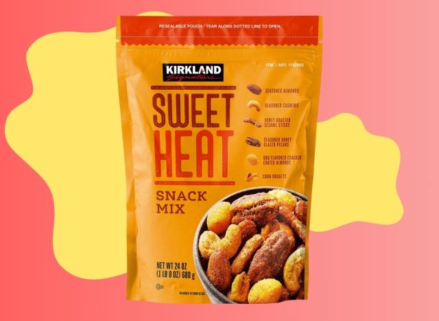 kirkland signature sweet heat snack mix on designed background
