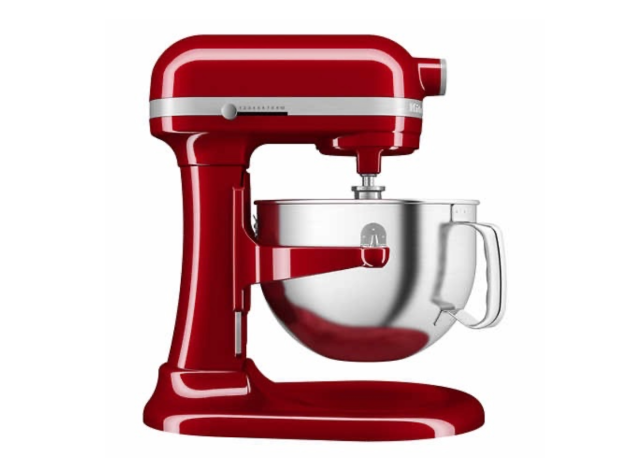 red kitchenaid mixer on a white background.